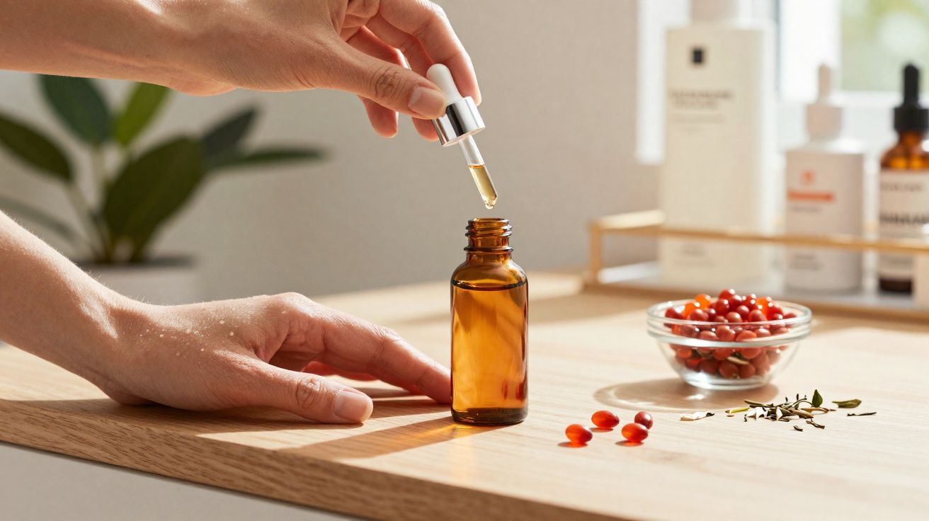 Mãos segurando conta-gotas com óleo sobre frasco âmbar, ao lado de cápsulas vermelhas e planta sobre mesa de madeira.