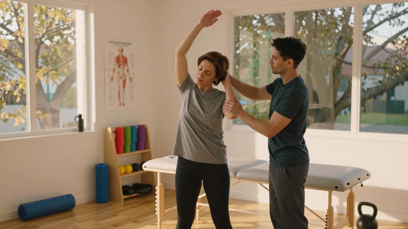 Fisioterapeuta auxiliando paciente em exercícios de alongamento em sala iluminada e equipada.