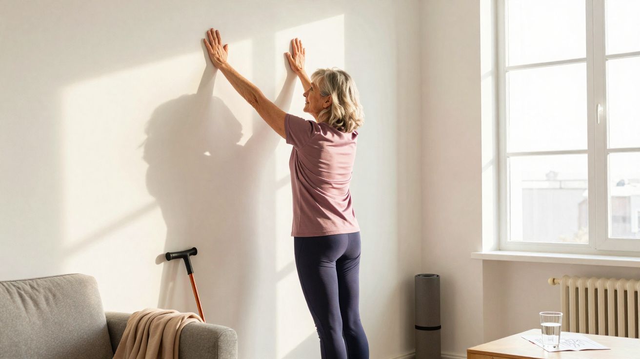 Mulher idosa fazendo exercício de alongamento encostada na parede em sala iluminada pelo sol.