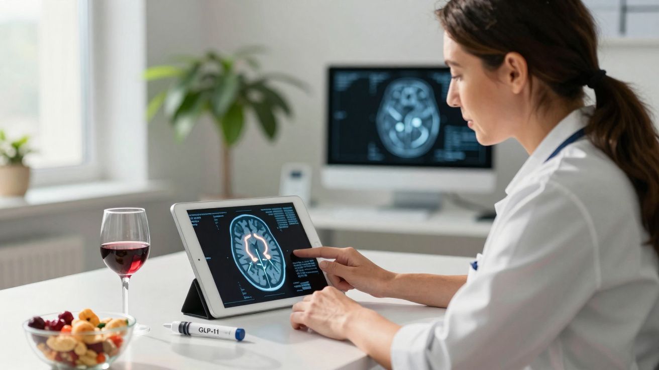 Médica analisando imagem cerebral em tablet com taça de vinho e comida ao lado sobre mesa branca.