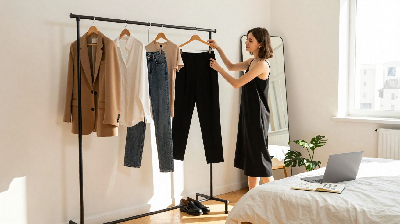 Mulher escolhendo roupas em cabideiro metálico em quarto iluminado com laptop na cama.