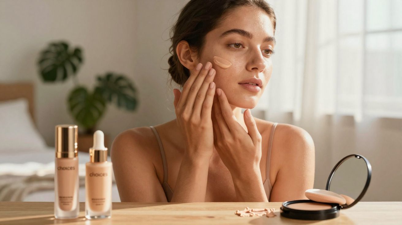 Mulher aplicando base facial com dedos em ambiente iluminado, com espelho e produtos de maquiagem na mesa.