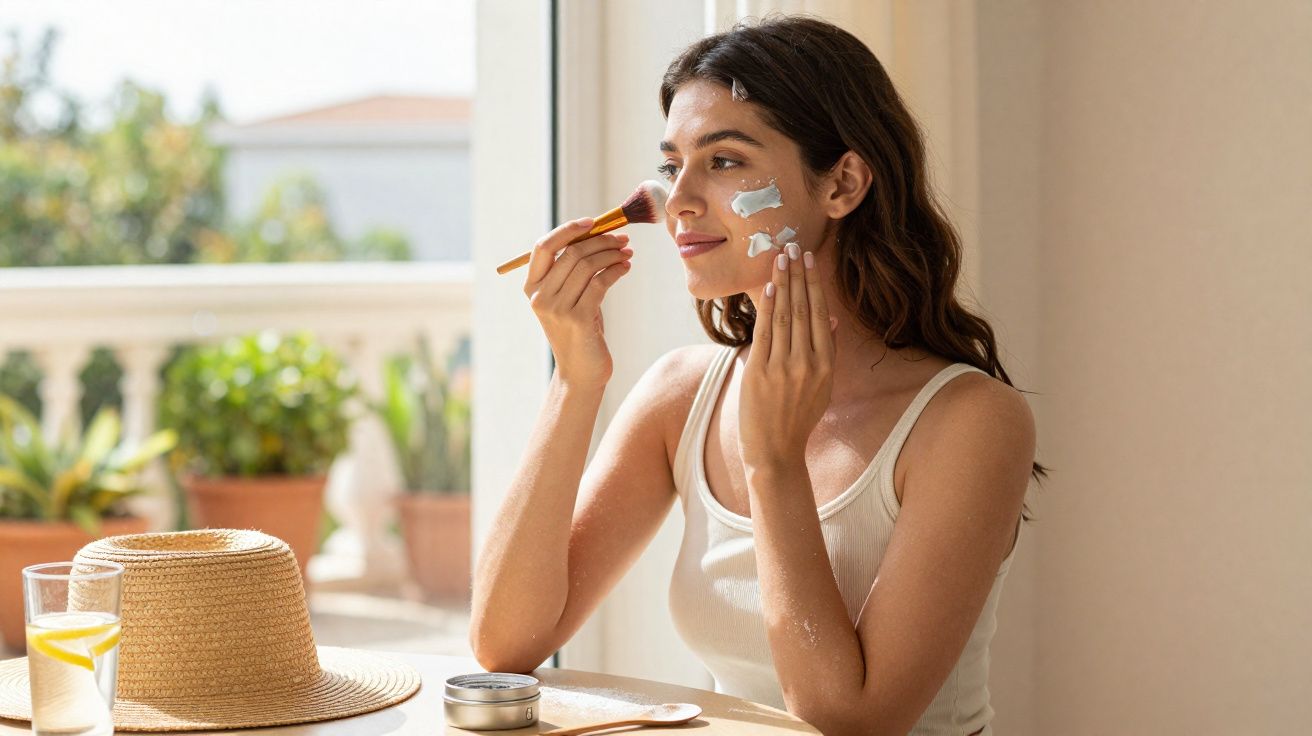 Mulher aplicando creme facial com pincel em ambiente claro, mesa com chapéu e copo de água com limão.