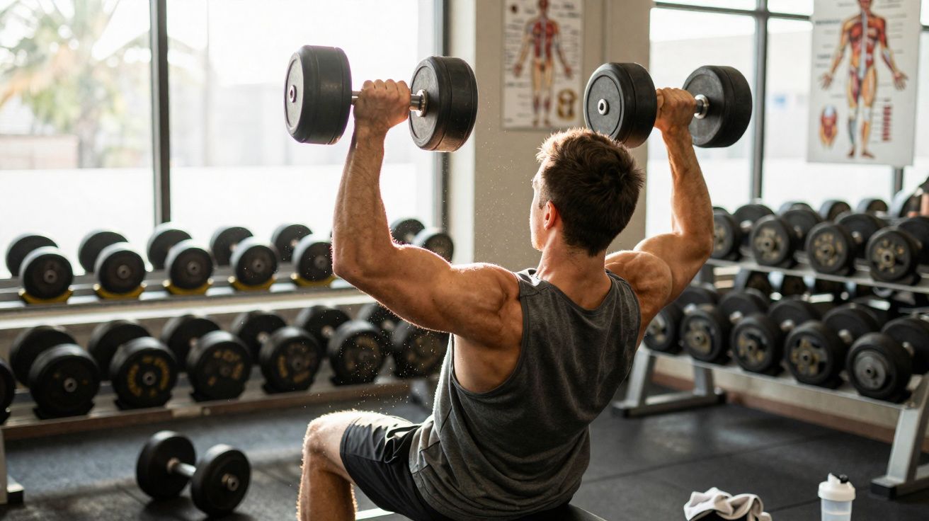 Homem musculoso levantando halteres em banco na academia com rack de pesos ao fundo.