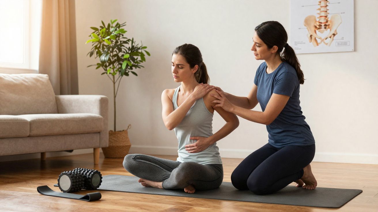 Mulher recebendo massagem nos ombros durante sessão de fisioterapia em casa, sentadas em tapete.