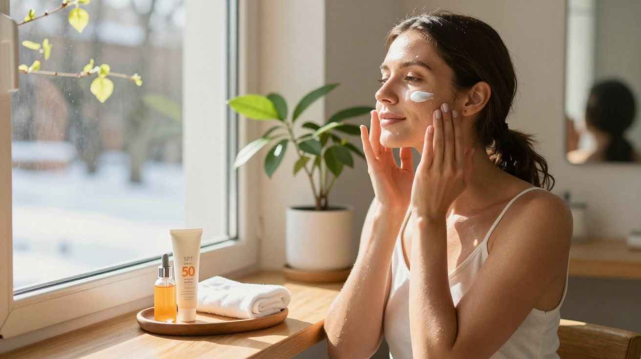 Mulher aplicando protetor solar no rosto sentada perto da janela com produtos de skincare ao lado.