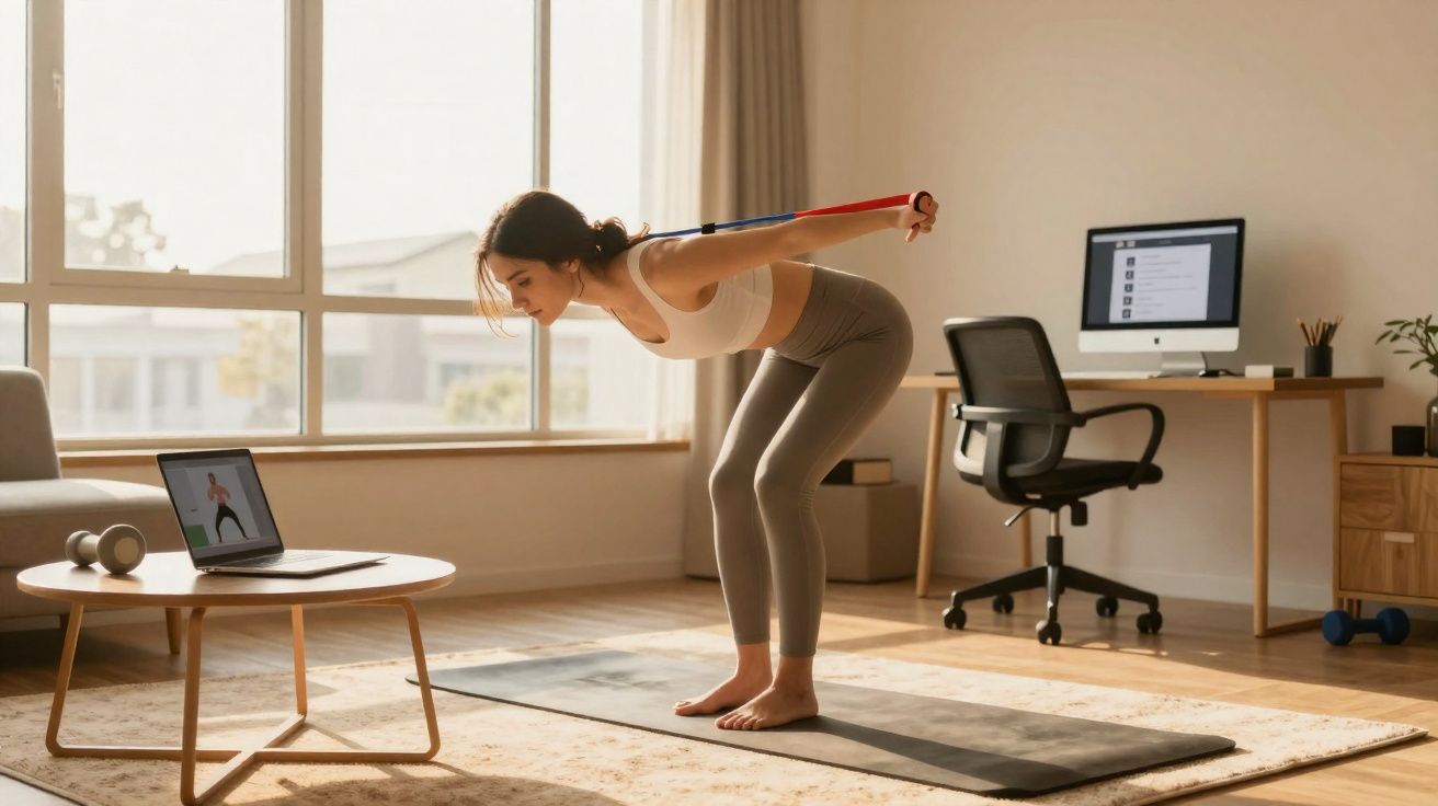 Mulher faz exercício de alongamento com faixa elástica em sala de estar, assistindo aula online no laptop.