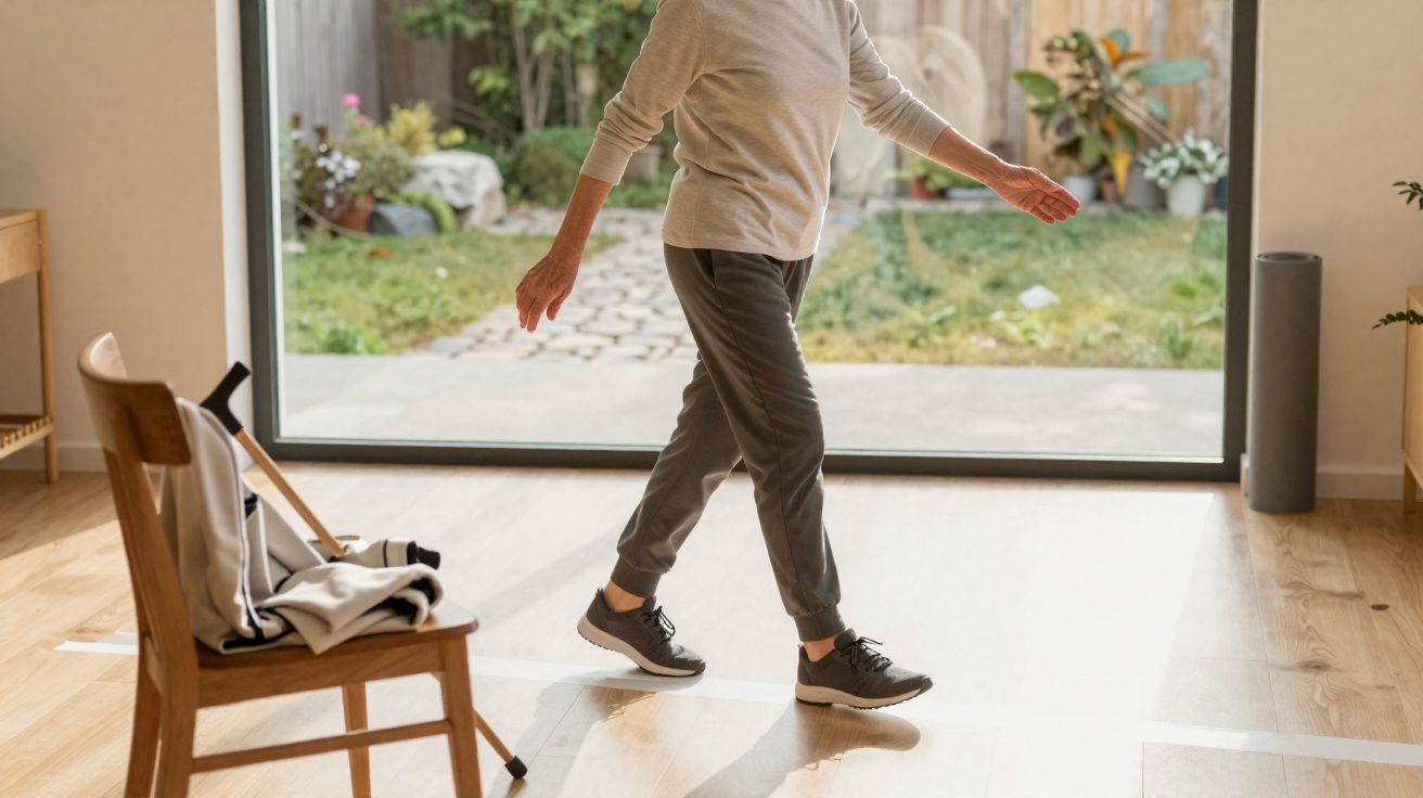 Pessoa idosa praticando caminhada dentro de casa, próximo a cadeira com bengala apoiada.