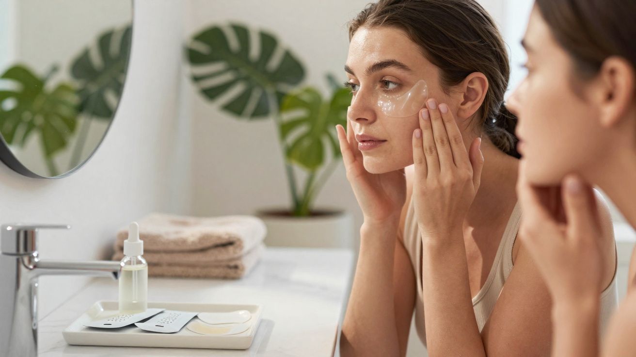 Mulher aplicando máscara facial transparente no rosto em frente ao espelho no banheiro.