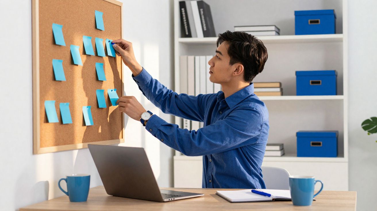 Jovem organizando notas adesivas azuis em quadro na parede, sentado à mesa com laptop e cadernos.