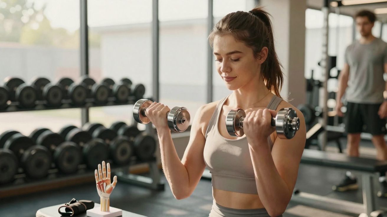 Mulher com roupa esportiva levantando halteres em academia com racks de pesos ao fundo.