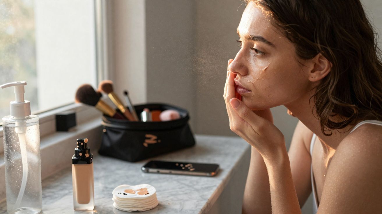 Mulher aplicando base no rosto sentada diante de uma mesa com produtos de maquiagem em ambiente iluminado.