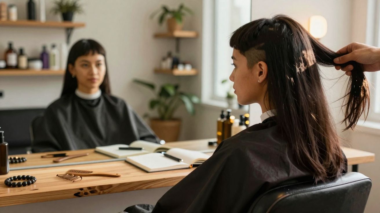 Mulher com corte de cabelo moderno sentada em salão enquanto cabeleireiro segura seu cabelo.