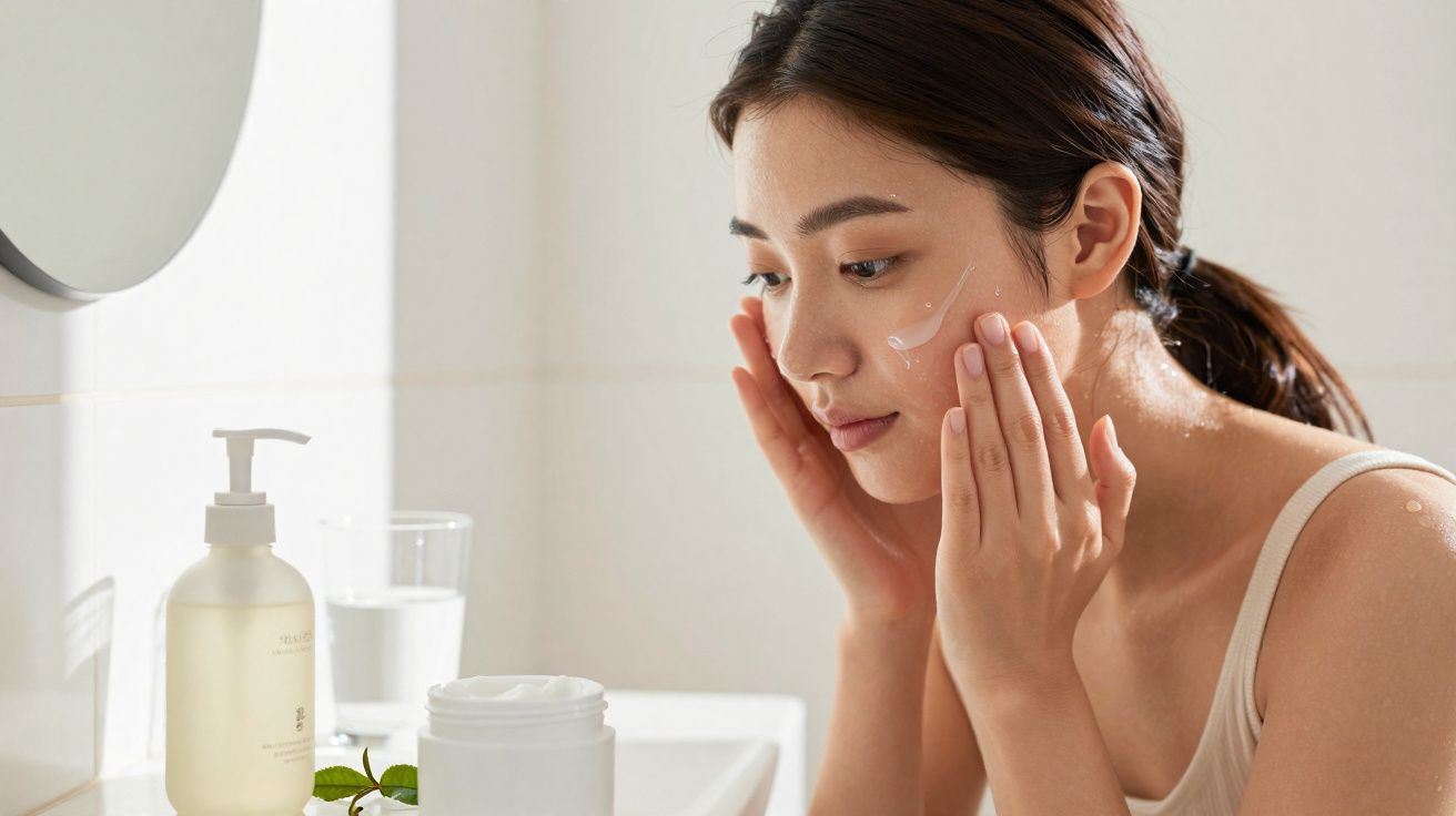 Mulher aplicando creme facial em frente ao espelho no banheiro com produtos de skincare na bancada.