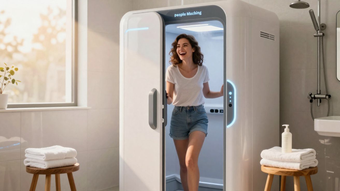 Mulher sorridente saindo de cabine futurística branca em banheiro iluminado e decorado com toalhas brancas.