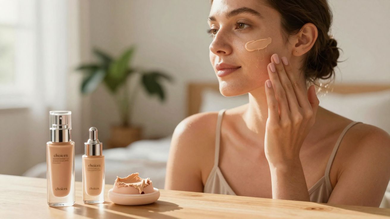 Mulher aplicando base líquida no rosto com frascos de maquiagem sobre mesa de madeira.