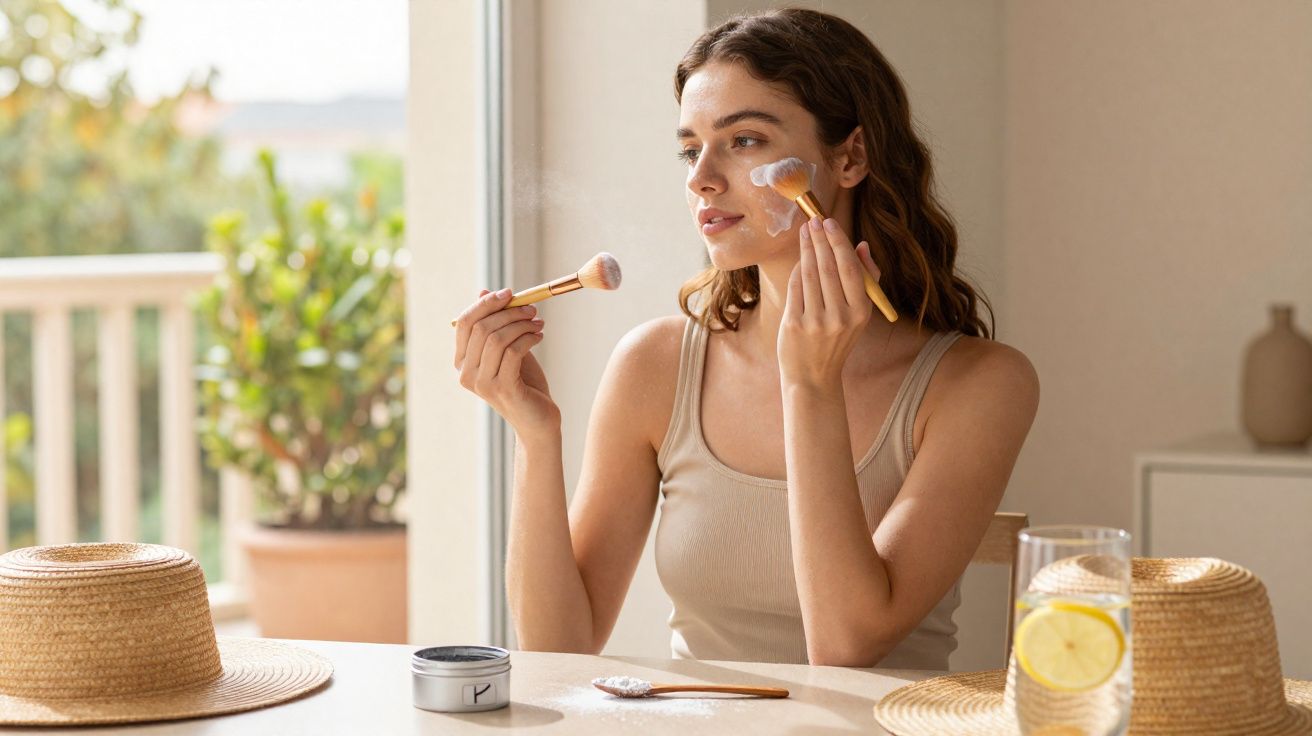 Mulher aplicando pó facial com pincel em ambiente iluminado e decoração clara.