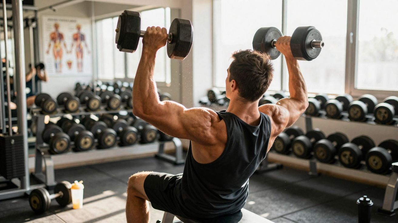 Homem musculoso levantando halteres sentado em academia com muitos pesos ao fundo.