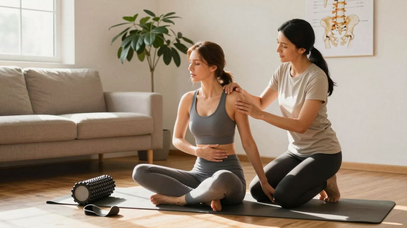 Mulher recebendo alongamento no ombro durante sessão de fisioterapia em ambiente claro e acolhedor.