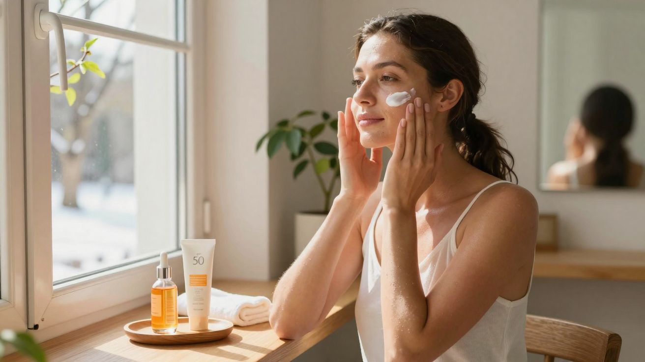 Mulher aplicando protetor solar no rosto sentada perto da janela em ambiente iluminado e aconchegante.