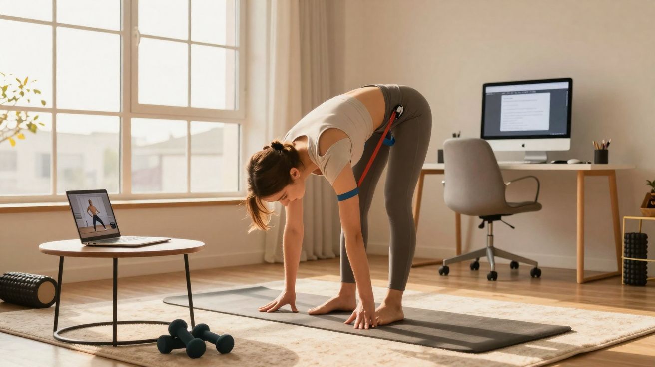 Mulher fazendo alongamento com elásticos de resistência em casa, com laptop e computador ao fundo.