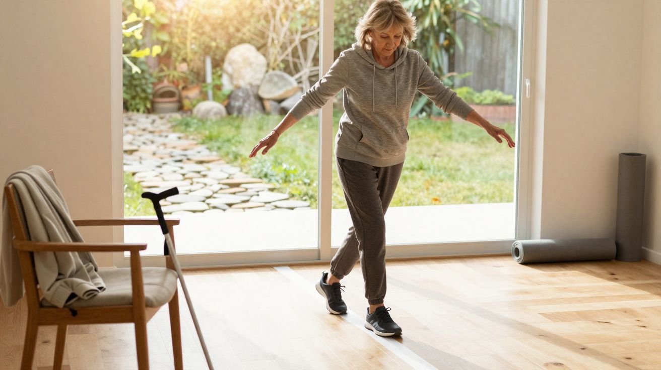 Mulher idosa praticando equilíbrio em casa, perto de cadeira com bengala e janela para jardim ensolarado.