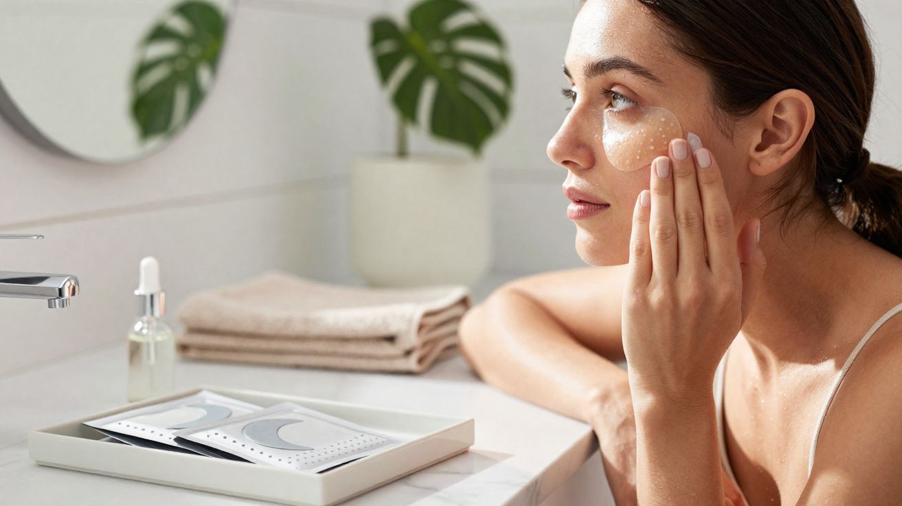 Mulher aplicando creme no rosto em banheiro com espelho e toalha ao fundo.