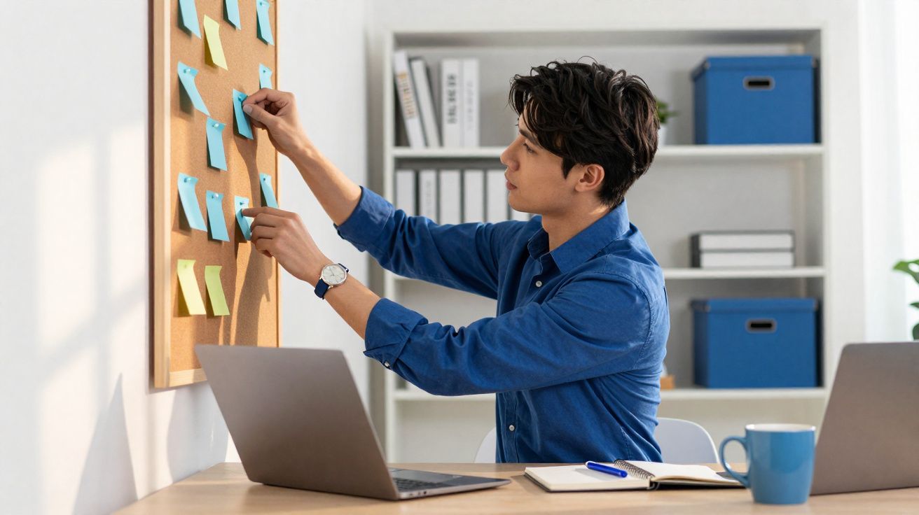 Homem organizando post-its coloridos em quadro de cortiça em escritório moderno com laptop e caderno na mesa.