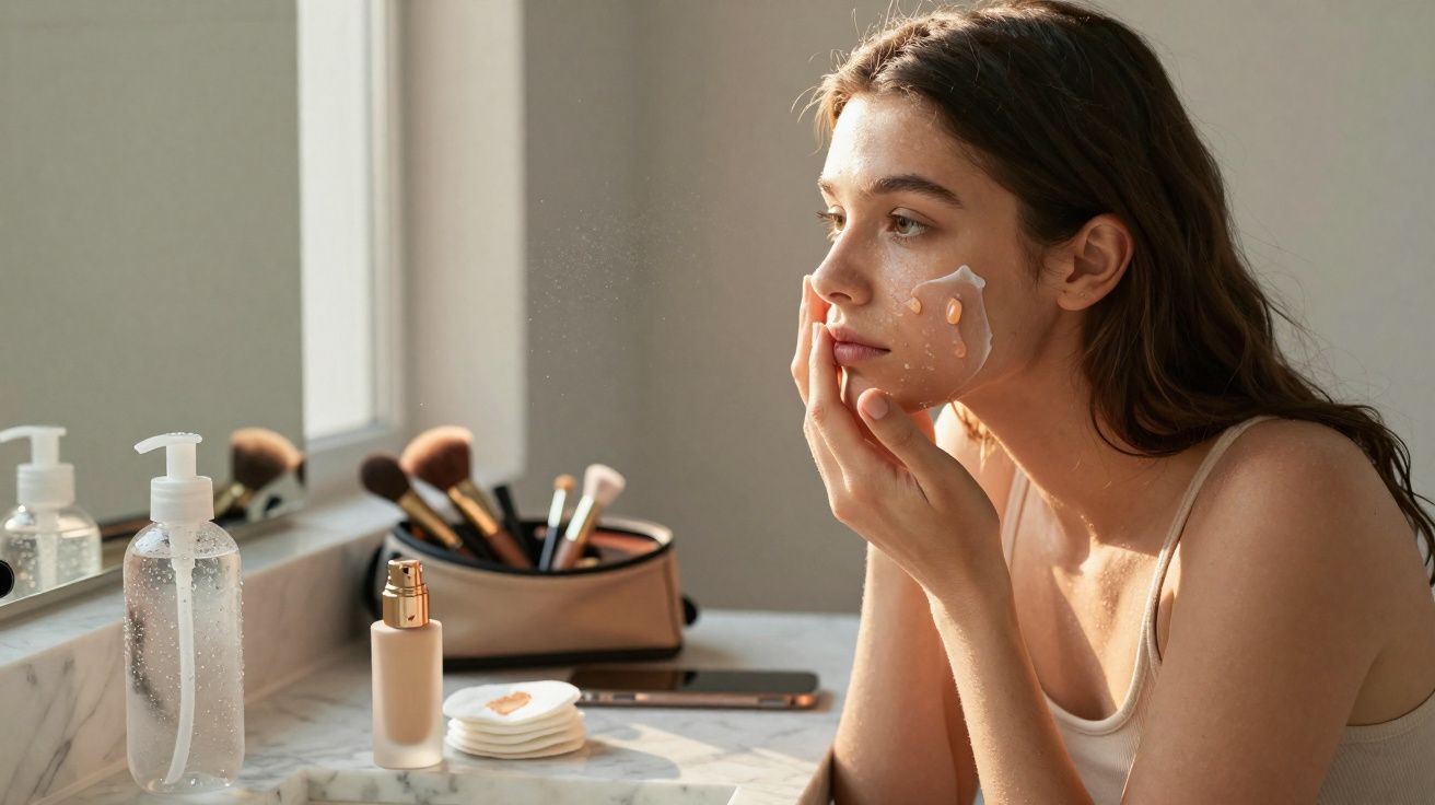 Mulher aplicando base facial em frente ao espelho com itens de maquiagem sobre a bancada.