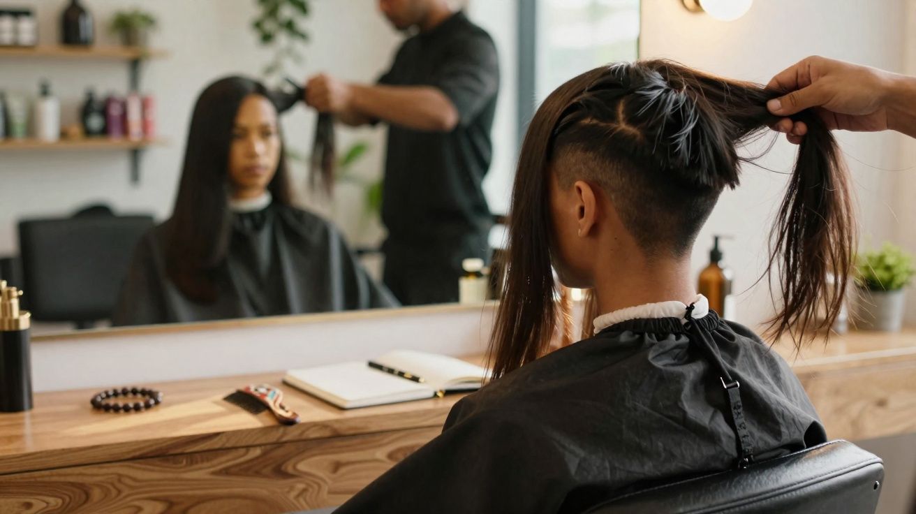 Pessoa cortando cabelo de mulher com cabelos longos em salão de beleza com espelho e produtos ao fundo.