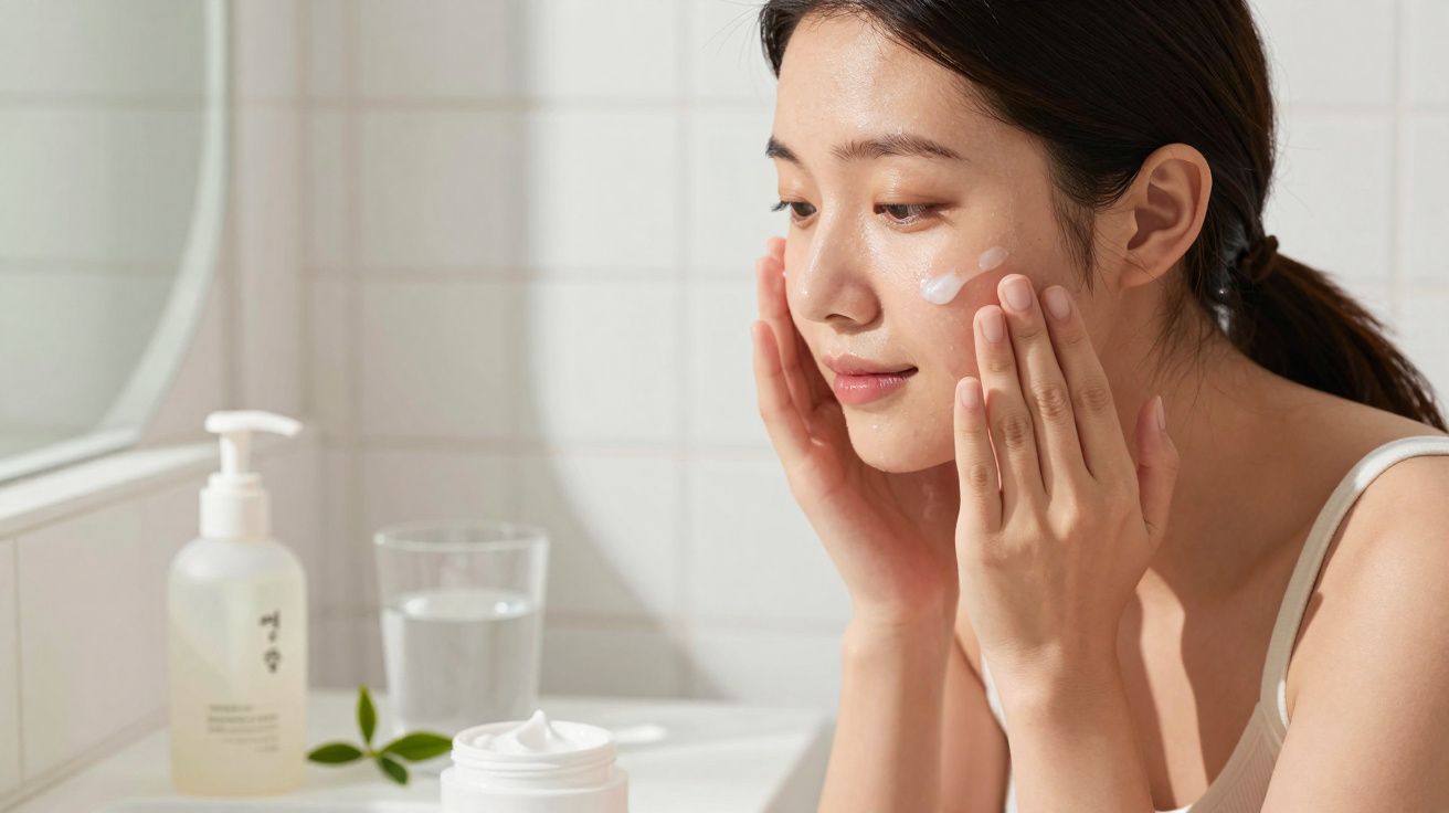 Mulher aplica creme hidratante no rosto em banheiro com produtos de skincare ao fundo.