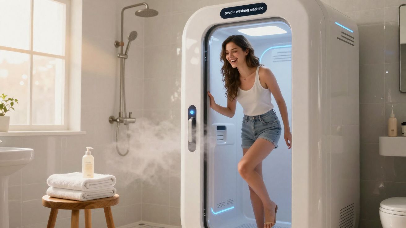 Mulher saindo de cabine moderna de banho a vapor em banheiro claro iluminado por luz natural.