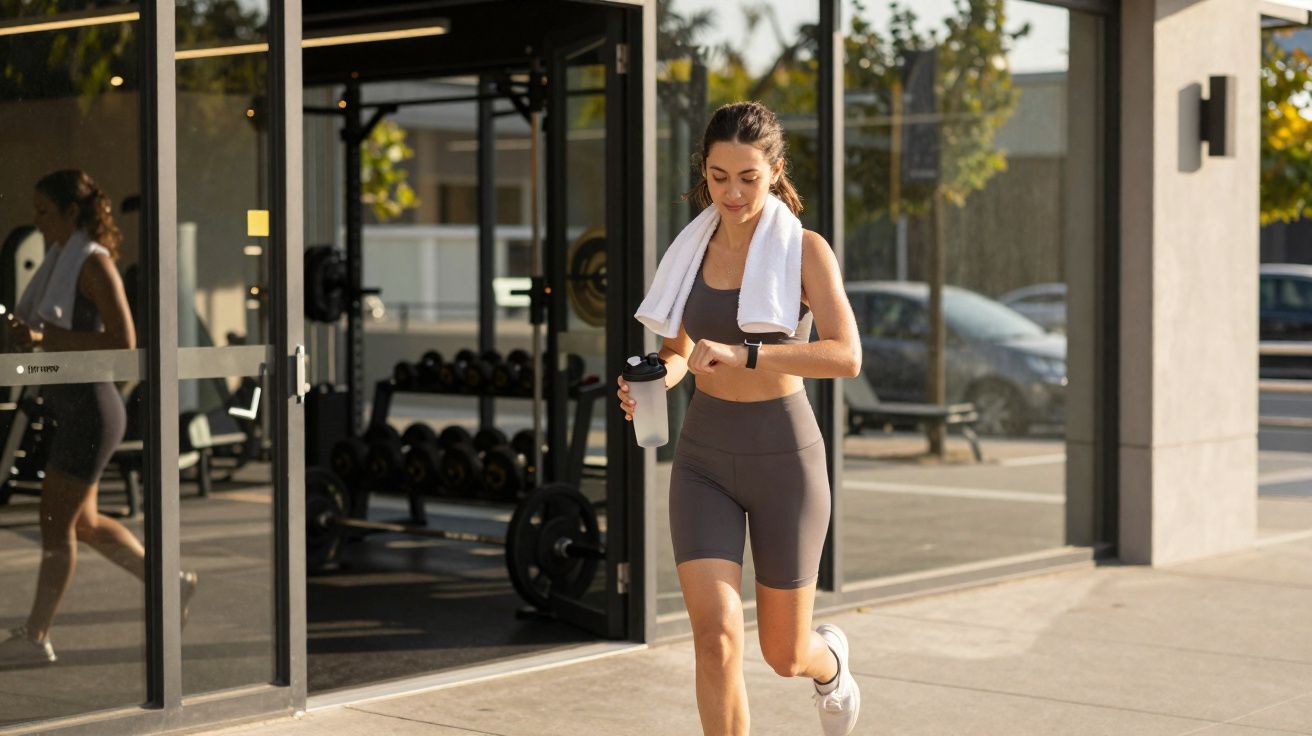 Mulher saindo da academia com toalha no pescoço, segurando garrafa e olhando relógio esportivo.