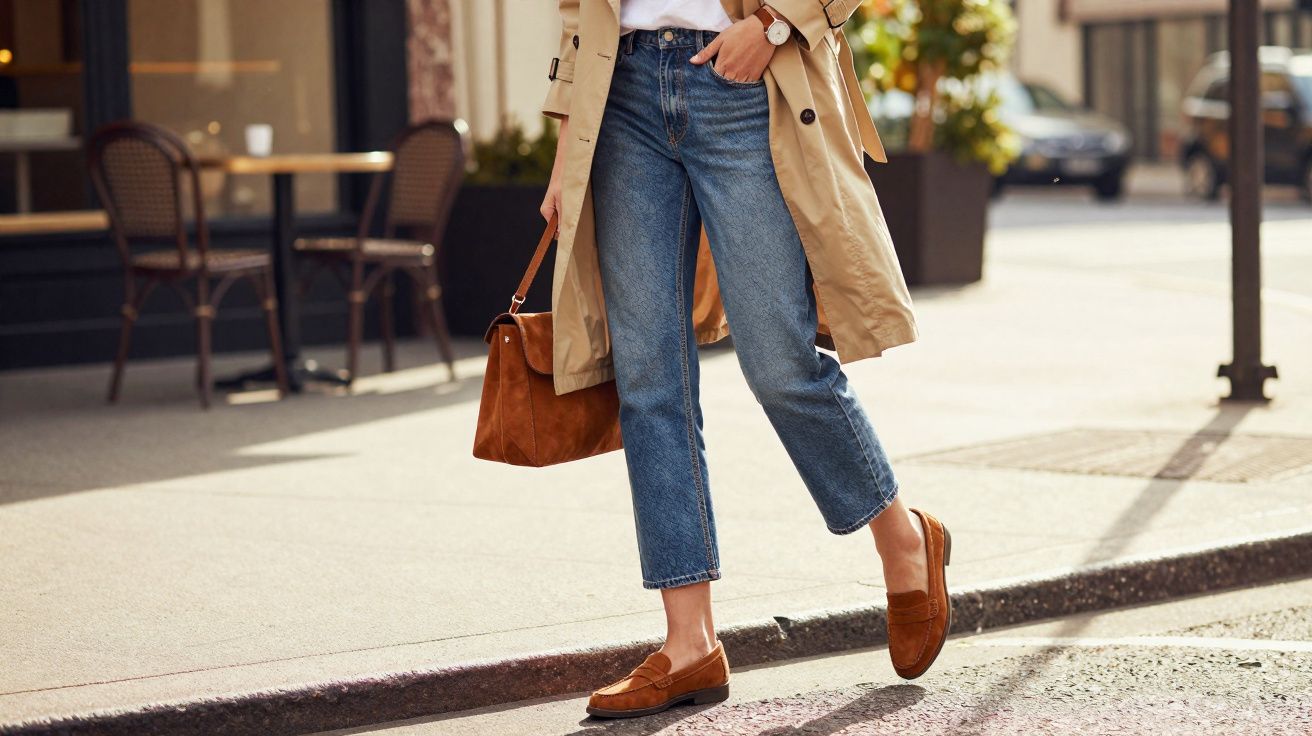 Pessoa vestindo jeans, casaco bege, mocassins marrons e carregando bolsa marrom caminhando na calçada.