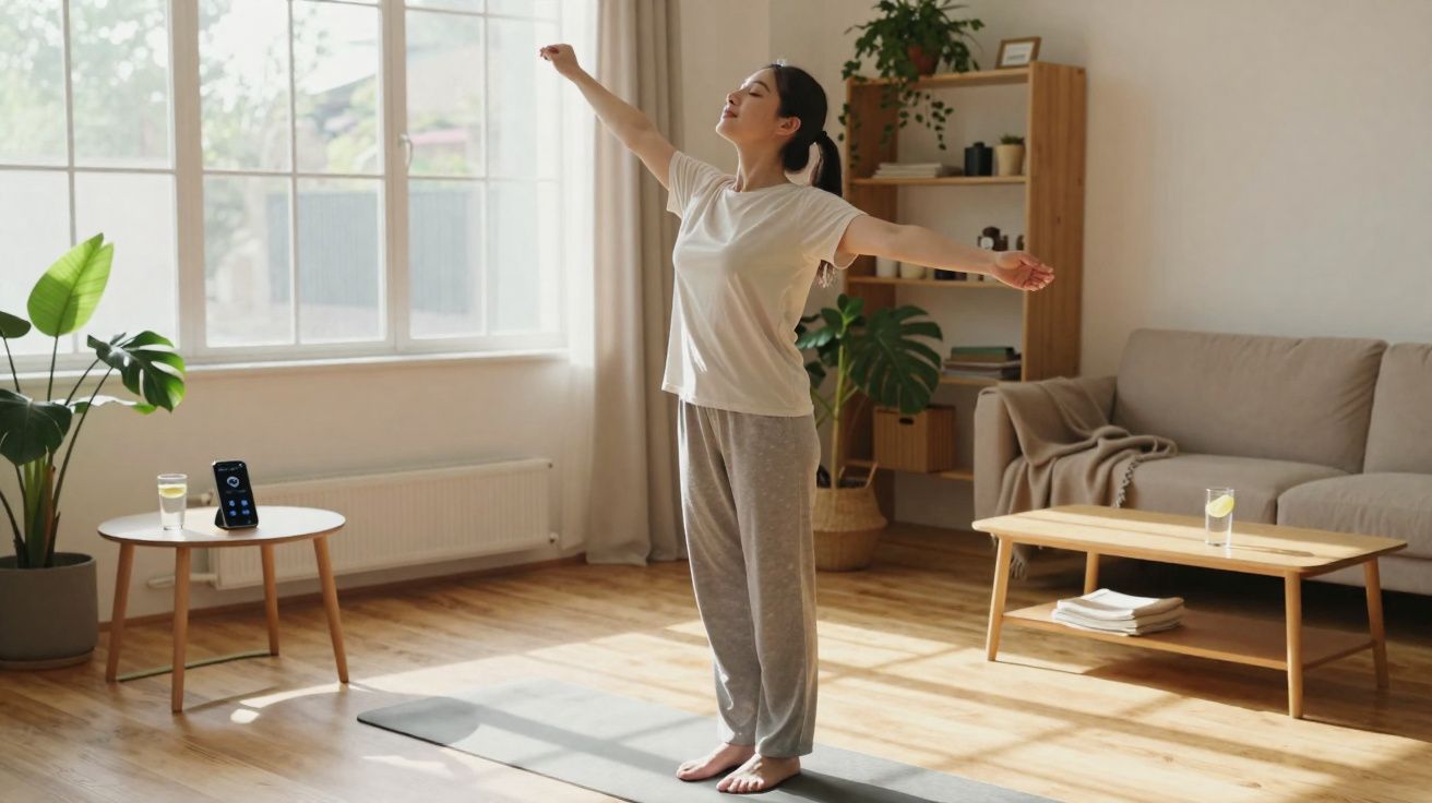 Mulher alongando-se em tapete de yoga em sala iluminada com móveis e plantas.