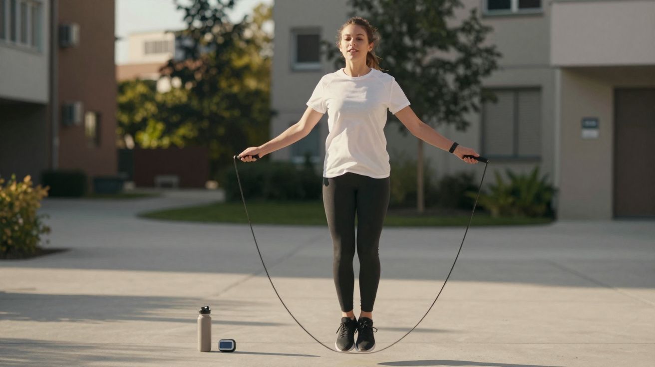Mulher pulando corda ao ar livre em área residencial durante dia ensolarado.
