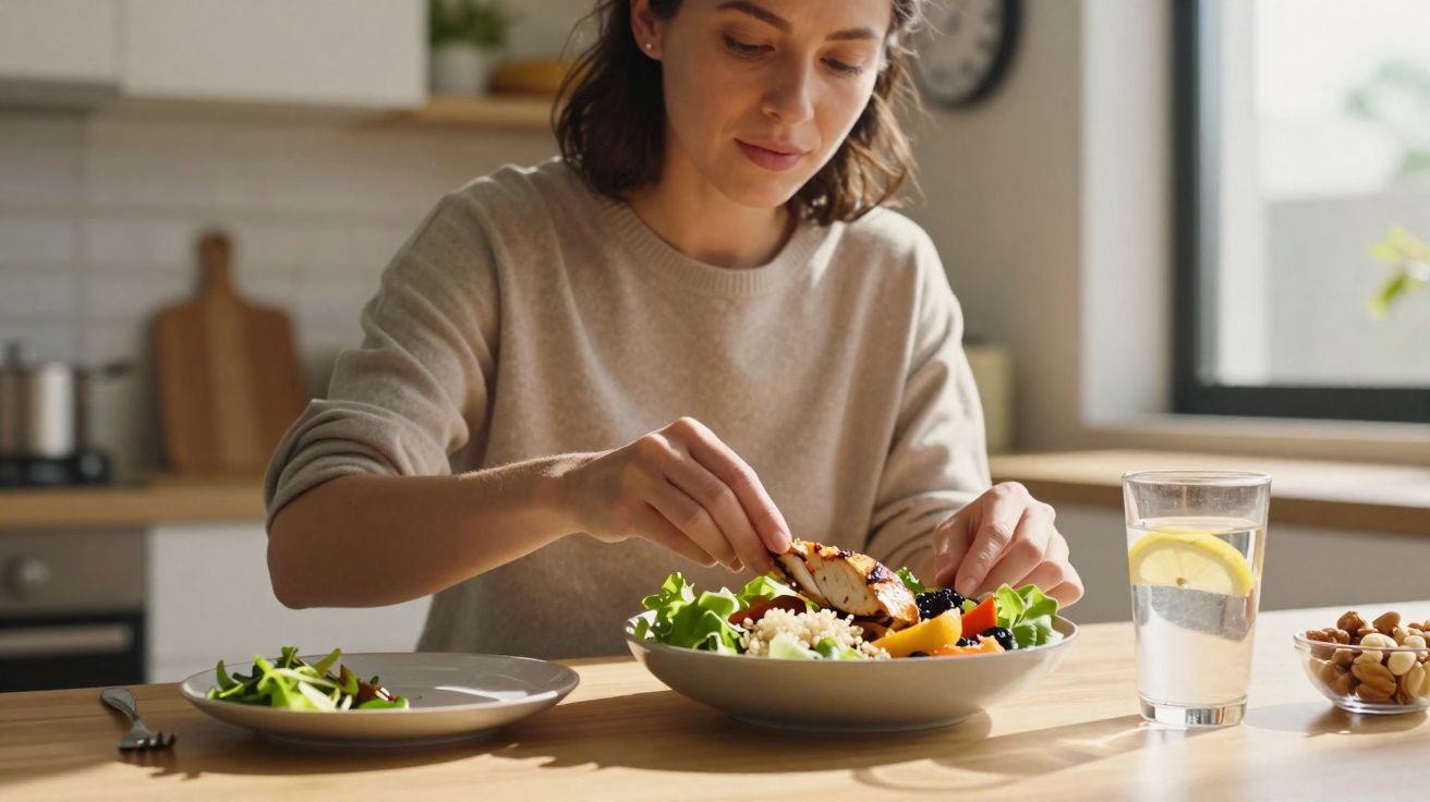 Mulher arrumando salada com legumes e frango em prato na mesa de madeira, com copo de água e castanhas.