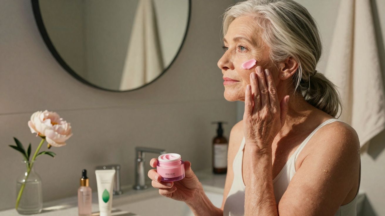 Mulher idosa aplicando creme facial rosa no rosto em banheiro com espelho e flor.