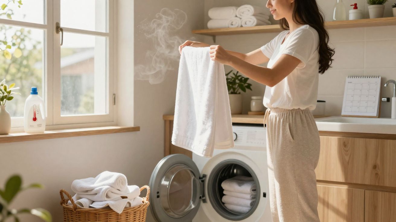 Mulher tirando toalha quente da máquina de lavar roupa em ambiente iluminado com cesta de roupas.