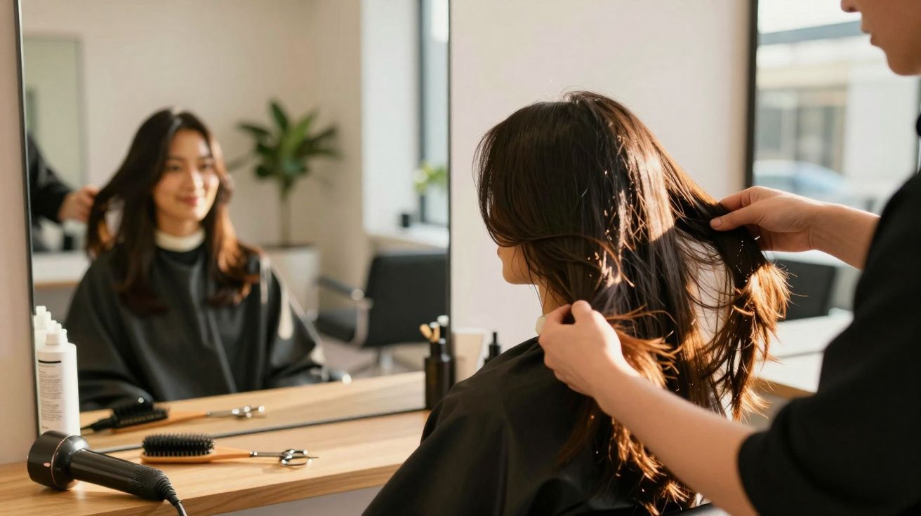 Mulher sentada no salão de beleza enquanto cabeleireiro avalia o cabelo dela em frente ao espelho.