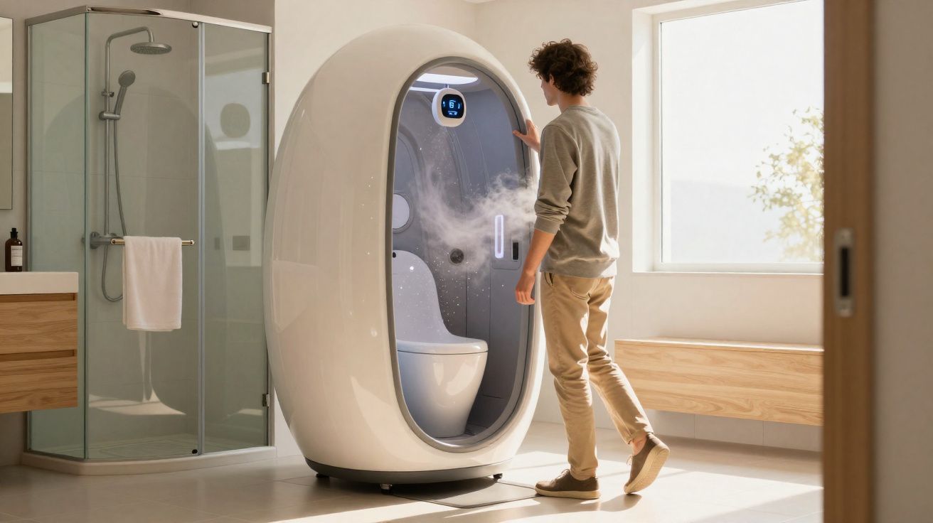 Homem interage com banheiro futurista em formato oval com vapor saindo, em ambiente moderno e iluminado.