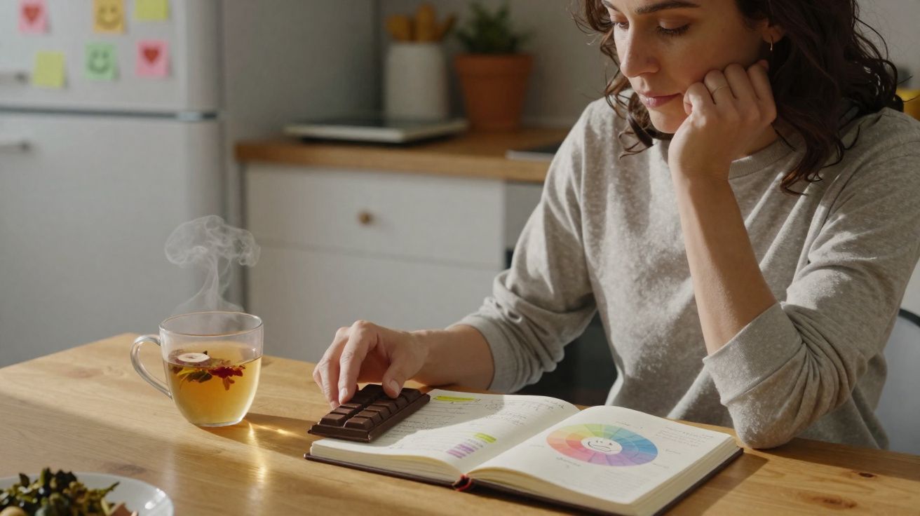 Mulher lendo livro e pegando barra de chocolate em mesa de cozinha com chá quente ao lado.