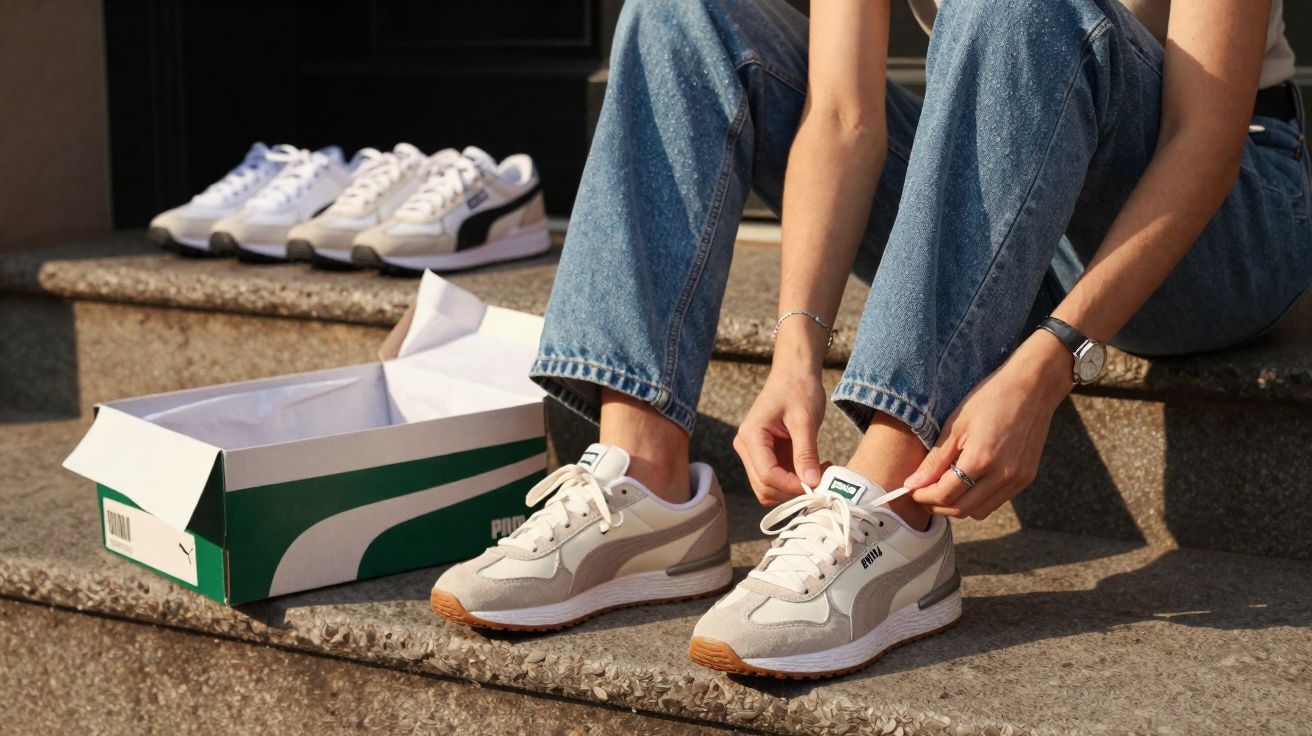 Pessoa sentada amarrando tênis branco e cinza da Puma em degrau de escada, com caixa e outros tênis ao lado.