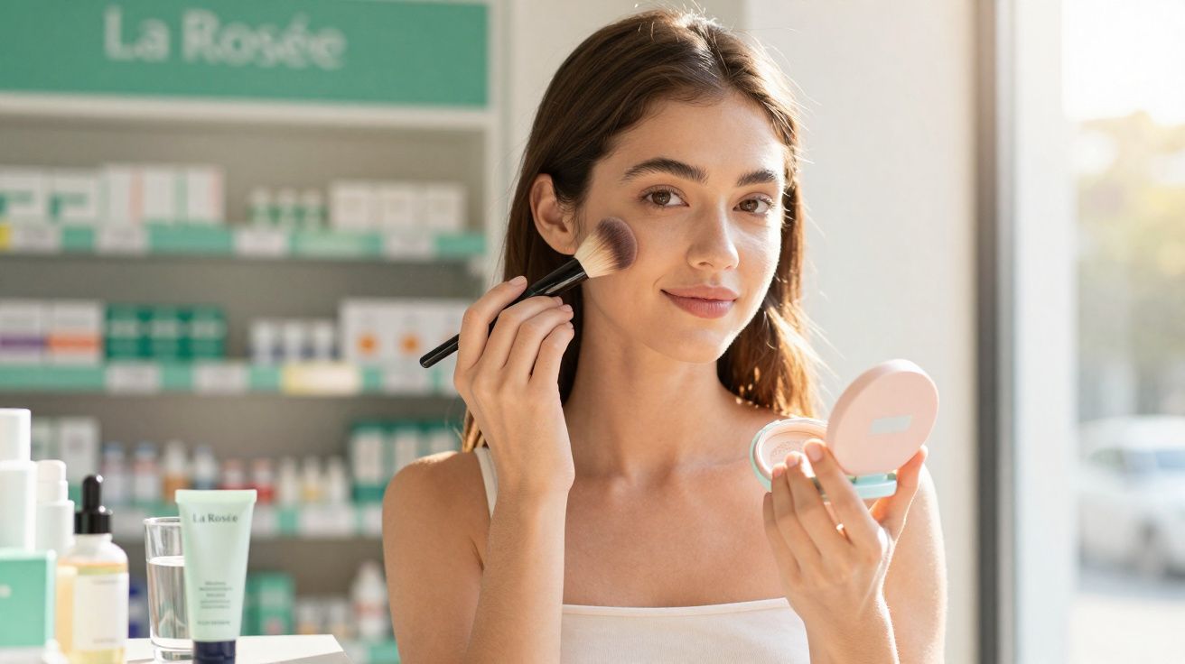 Mulher aplicando maquiagem no rosto com pincel, segurando espelho compacto em loja de cosméticos.