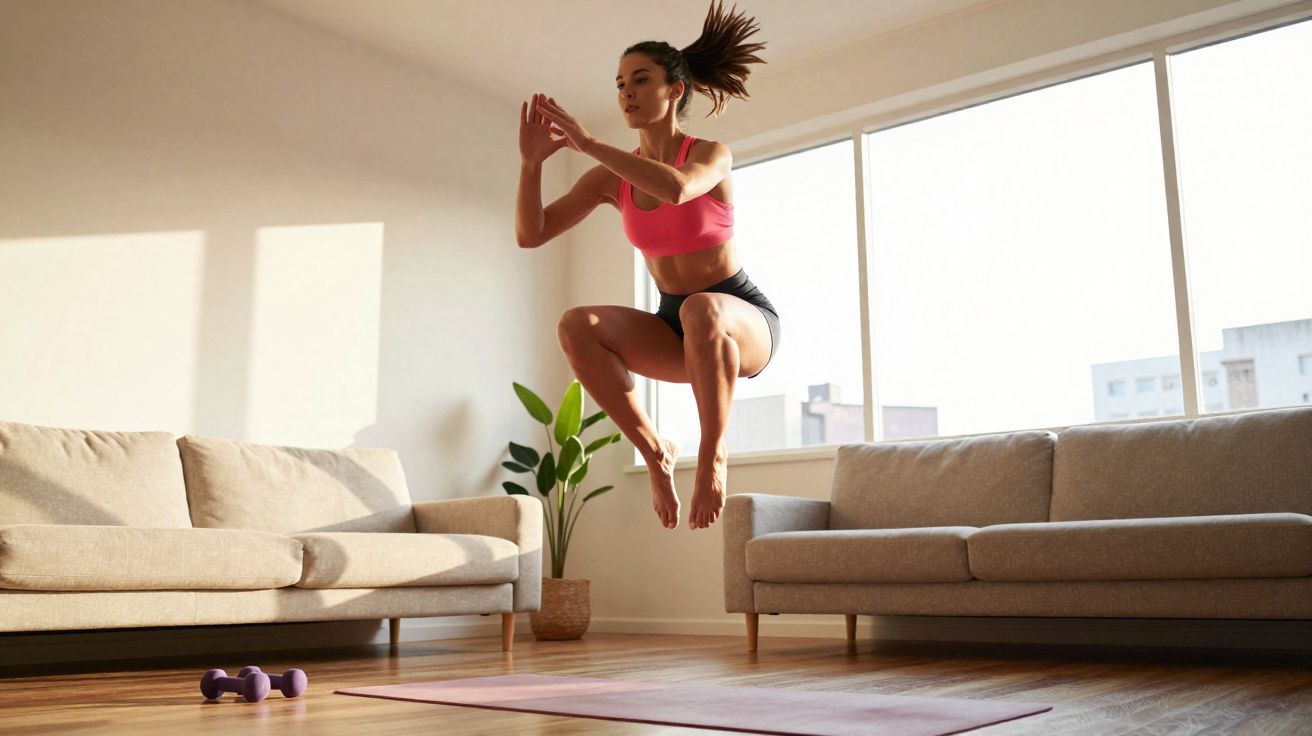 Mulher fazendo exercício de salto em sala iluminada, entre dois sofás e com halteres no chão.