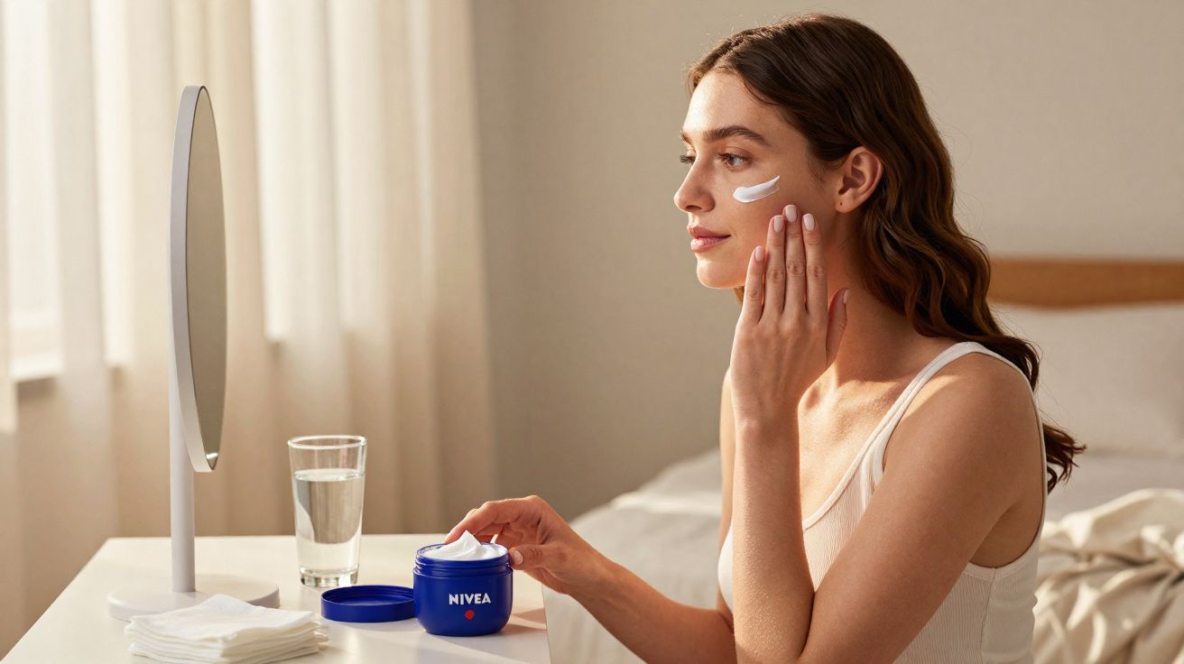 Mulher aplicando creme Nivea no rosto sentada diante de espelho em ambiente iluminado.