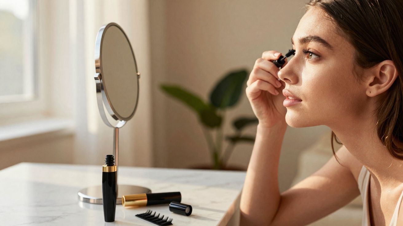 Mulher aplicando rímel em frente a um espelho de mesa em ambiente iluminado pela luz natural.
