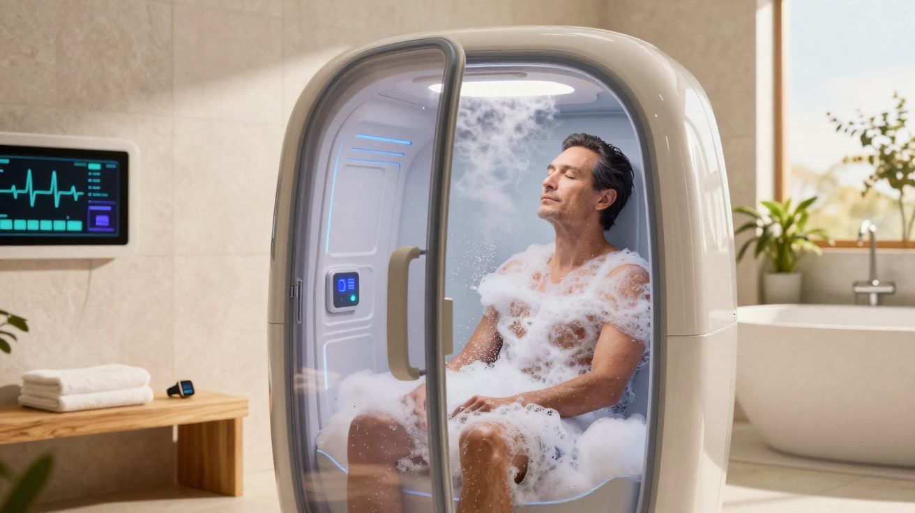 Homem relaxando em sauna pessoal de bolhas em banheiro moderno com monitor cardíaco ao fundo.