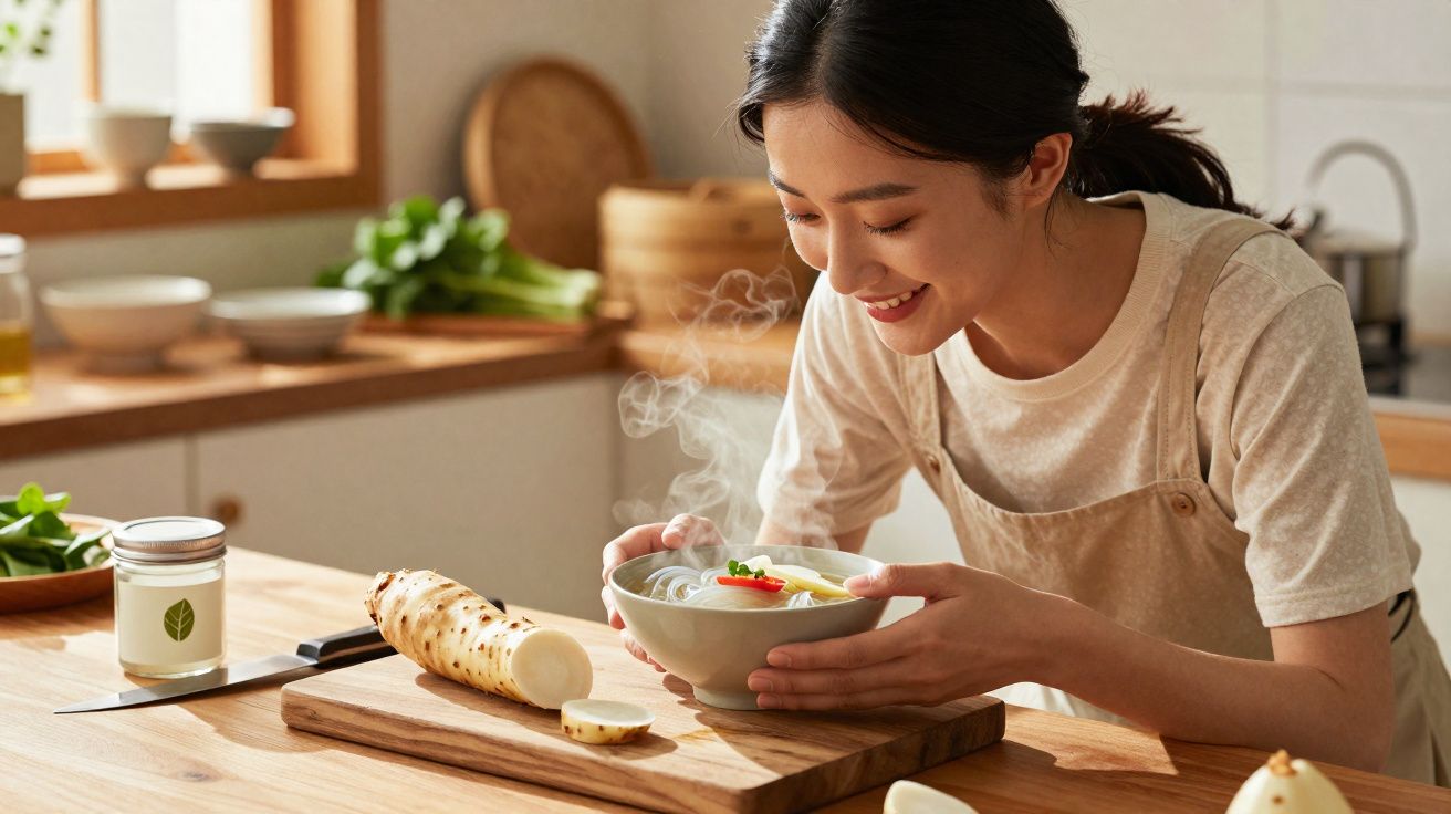 Mulher sorrindo cheirando tigela quente de sopa na cozinha com legumes frescos ao fundo.
