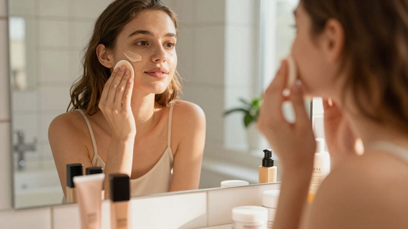 Mulher jovem aplicando maquiagem no rosto em frente ao espelho em banheiro iluminado.